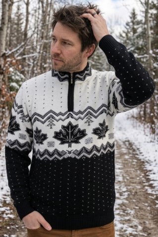 Man in nature wearing a winter men's sweater with a Norwegian pattern and a zipper