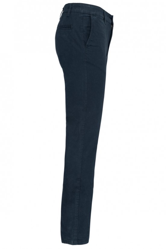 Tmavomodré bavlnené chino nohavice Ewident, bočný pohľad na elegantný strih a spracovanie bočných vreciek.