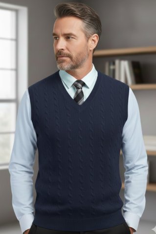 Vestă tricotată elegantă bleumarin bărbați CrimBB în combinație cu cămașă