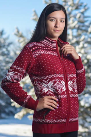 Dámský bordó svetr s norským vzorem a dlouhým zipem Oria-AZ
