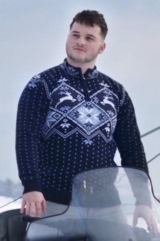 Kötött férfi norvég mintás pulóver – szarvas motívummal, kék