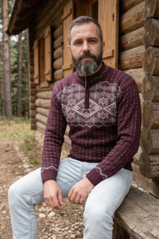 Pánský norský pletený svetr moderní vzor bordeux