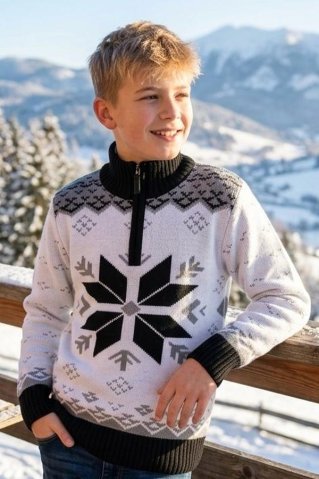 Pulover alb pentru copii cu model norvegian negru și fermoar pentru băieți.