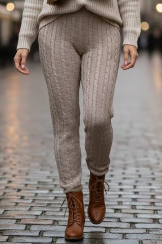 Damskie getry dziewiarskie ze splotem warkoczowym – beżowe