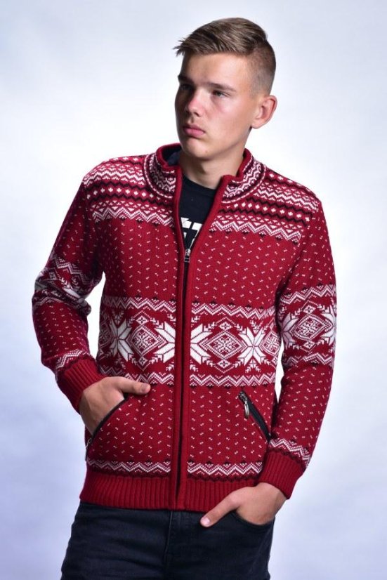 Orio-AZ muški bordo vuneni pulover s norveškim uzorkom i džepovima