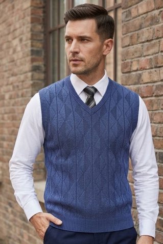 Vestă tricotată pentru bărbați cu model de romburi și nasturi – ideală pentru o suprapunere elegantă peste o cămașă albă