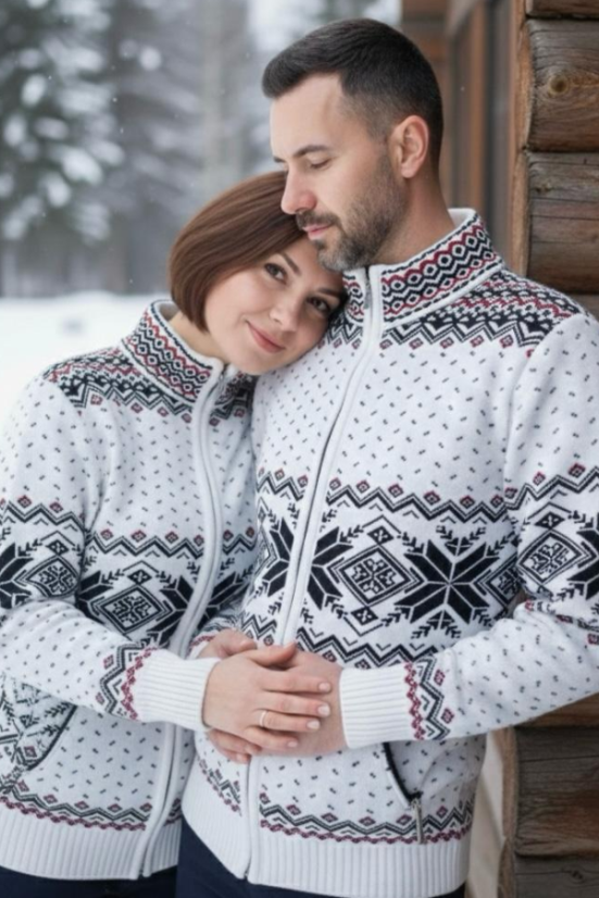 Dámský bílý vlněný svetr s norským vzorem a kapsami Oria-Z