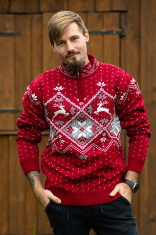 Férfi bordó norvég mintás kardigán – szarvas motívummal