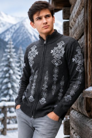 Herren dunkelgraue norwegische Zip-Strickjacke Folk-AZ