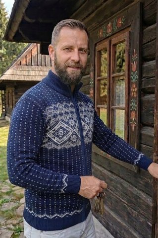 Pánsky nórsky pletený sveter Kemal-AZ – modrá dlhý zips