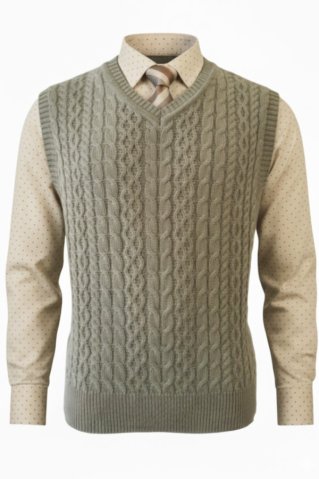 Elegantná béžová vesta Ewident s pletenými vrkočmi v kombinácii s béžovou košeľou.