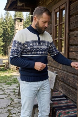 Ewident pánsky vlnený nórsky sveter Oslo – tmavomodrý-natur