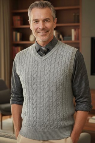 Vestă tricotată gri deschis Ewident cu model torsadat proeminent într-o ținută bărbătească elegantă.