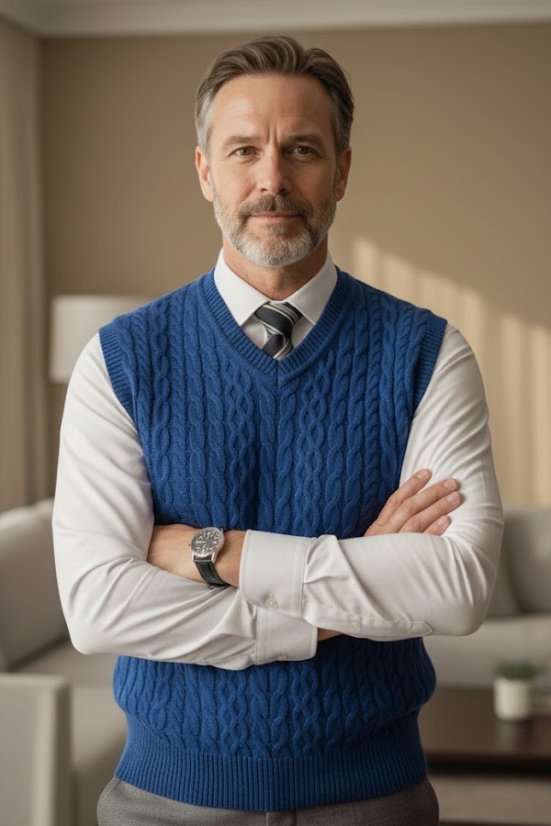 Muški prsluk Ewident u kraljevsko plavoj boji s naglašenim pletenim uzorkom na muškarcu u košulji.