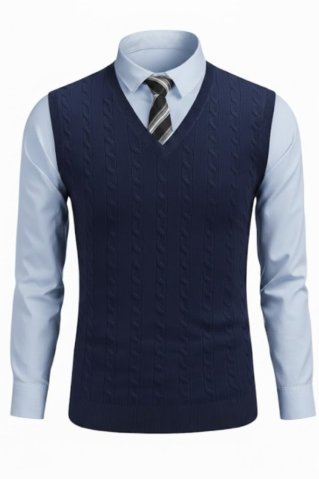 Vestă tricotată pentru bărbați CrimBB albastru închis pe manechin cu cămașă și cravată