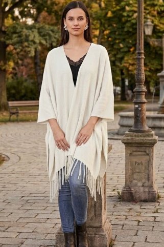 Ženski pleteni pončo s resicama natur