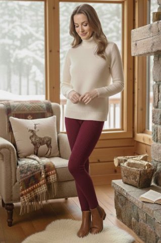 Femeie purtând izmene tricotate de culoare ciclamen și un pulover bej în sufragerie