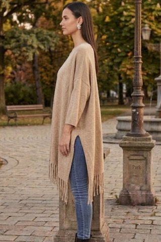 Dámske pletené pončo so strapcami beige