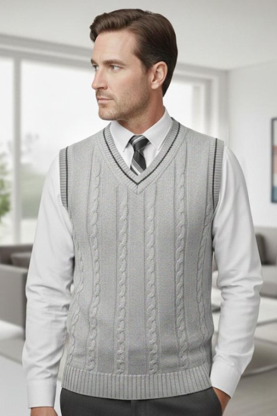 Sivi muški pleteni prsluk s pletenim uzorkom | Kontrastni detalj