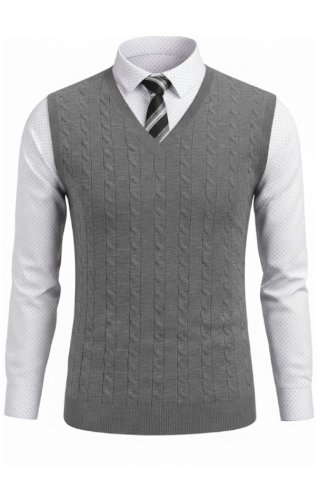 Men's knitted vest CrimBB dark grey over a white polka dot shirt with a tie