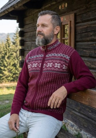 Pulover norvegian vișiniu pentru bărbați cu fermoar