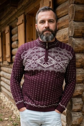 Pánský norský pletený svetr moderní vzor bordeux