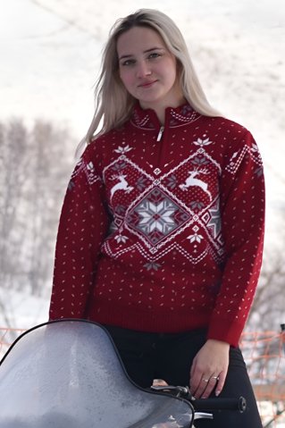 Női bordó norvég mintás kötött pulóver – szarvas motívummal