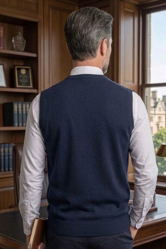 Pohľad zozadu na muža v tmavomodrej pletenej veste Ewident 