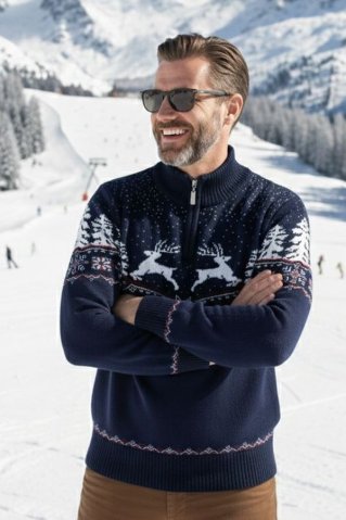 Pánský svetr s jelenem Oliver-Z modrá | Hřejivý zimní svetr se zipem