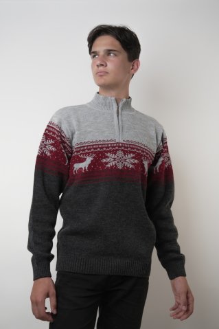 Męski szary norweski sweter NeroZ – motyw jelenia