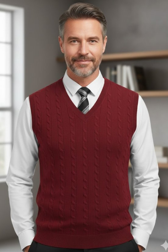 Bordo muški pleteni prsluk Ewident preko bijele košulje
