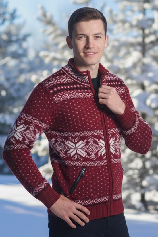 Orio-AZ muški bordo vuneni pulover s norveškim uzorkom i džepovima