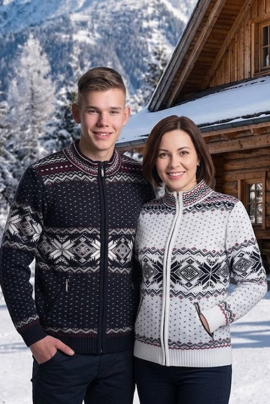 Dámský bílý vlněný svetr s norským vzorem a kapsami Oria-Z