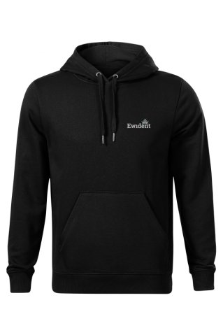 Loose black hoodie featuring a kangaroo pocket, a plain unprinted back, and a relaxed fit.