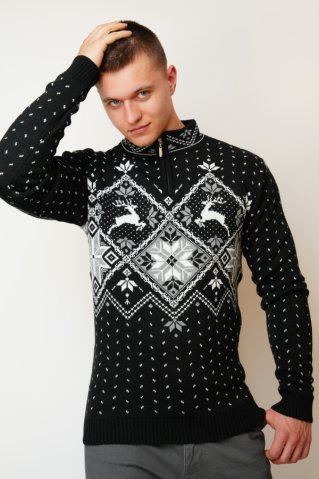 Férfi fekete norvég mintás kötött pulóver – szarvas motívummal