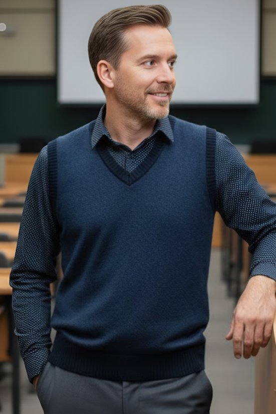 Muški plavi pleteni prsluk Ewident Nixon BB u kombinaciji s točkastom košuljom