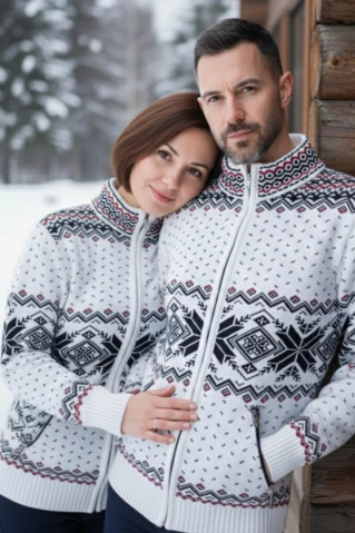 Dámsky biely vlnený sveter s nórskym a vreckami vzorom Oria-Z