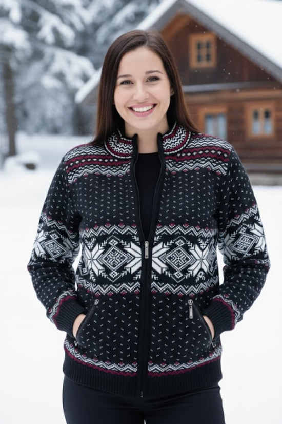 Oria-Z ženski črn volnen pulover z norveškim vzorcem