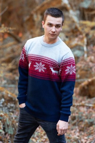 Męski norweski sweter wełniany Nero – motyw jelenia, niebieski