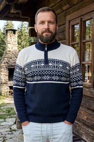 Ewident pánsky vlnený nórsky sveter Oslo – tmavomodrý-natur