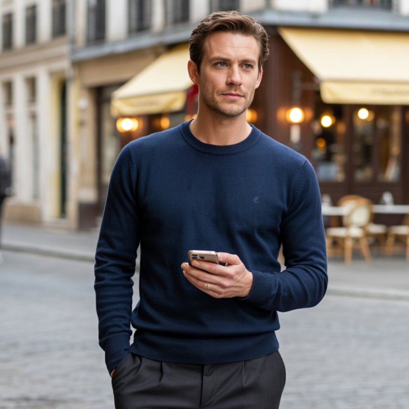 Jednobojni plavi pulover, 100% pamuk