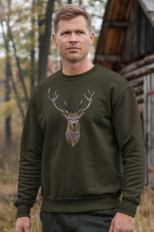 Poľovnícka mikina Ewident "Portrét kráľa" – detailný motív jelenej hlavy
