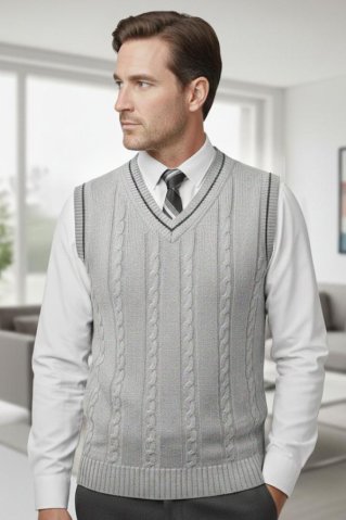Graue Herren Strickweste mit Zopfmuster | Kontraststreifen