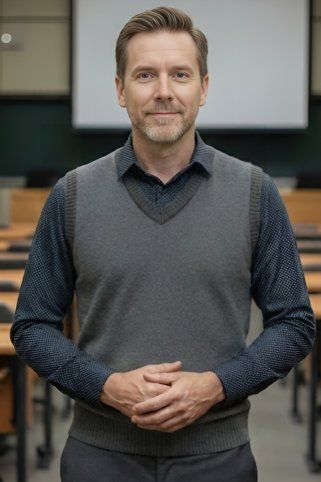 Muškarac stoji ispred sveučilišta u tamnosivoj, lagano uzorkovanoj muškoj pletenoj vestici i tamnosivoj košulji