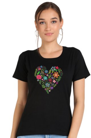 Women's short sleeve T-shirt with heart motif black