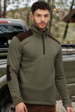 Men’s Country Fleece Half Zip Pullover – 260 g/m², Jacquard Knit with Corduroy Panels