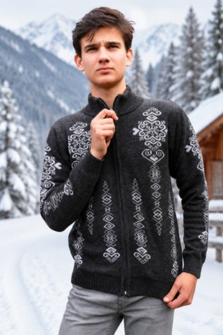 Herren dunkelgraue norwegische Zip-Strickjacke Folk-AZ