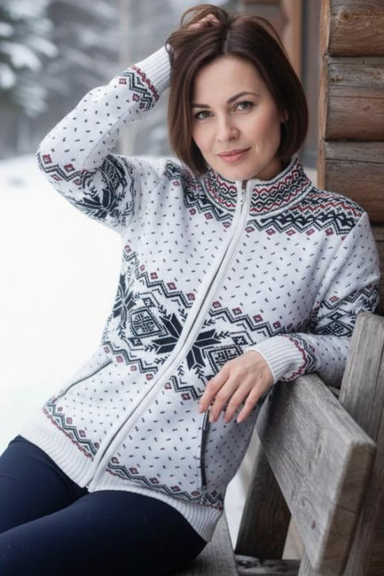 Oria-Z ženski beli volnen pulover z norveškim vzorcem