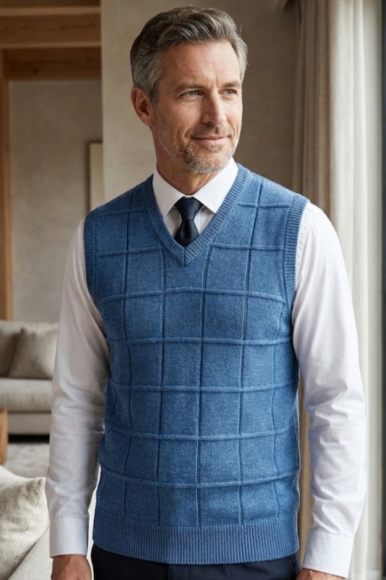 Muškarac u plavom pletenom prsluku, uzorak romba, business casual stil.