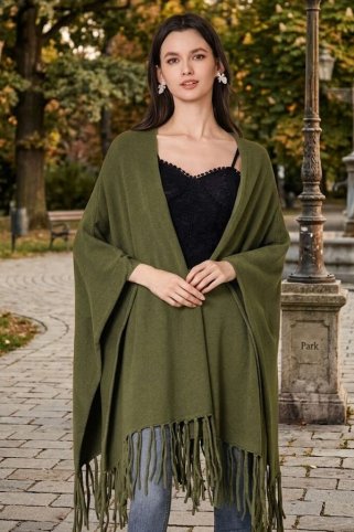 Ženski pleteni pončo s resicama oliva
